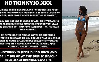 Hotkinkyjo gaping void dildo fuck and belly bulge on tap the public beach